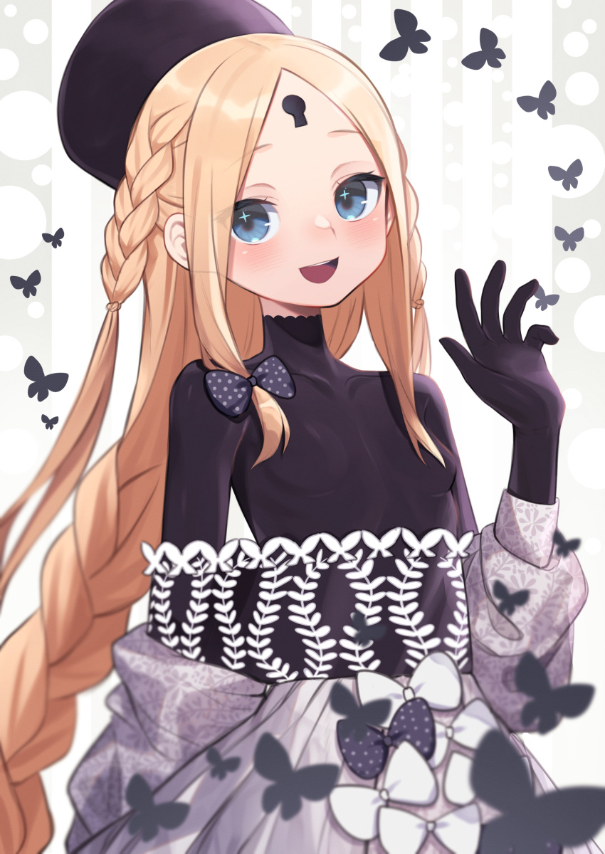 1girl abigail_williams_(event_portrait)_(fate) abigail_williams_(fate) absurdres black_headwear black_shirt blonde_hair blue_eyes blush bodystocking braid braided_ponytail breasts collarbone dress fate/grand_order fate_(series) forehead grey_dress hat highres keyhole lazu0721 long_hair long_sleeves looking_at_viewer off_shoulder open_mouth parted_bangs shirt sidelocks small_breasts smile solo very_long_hair