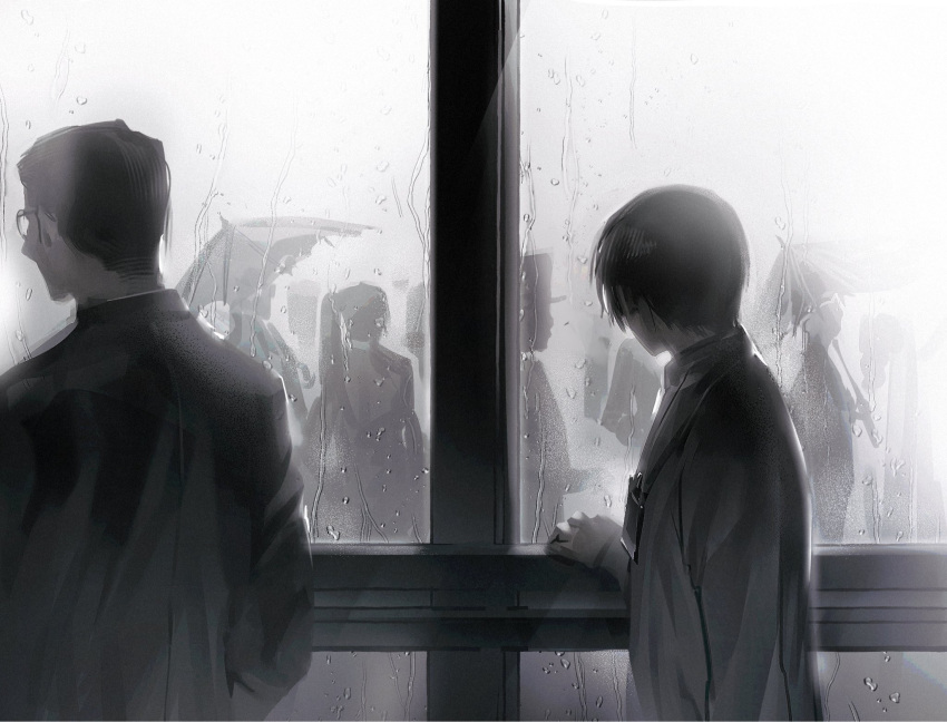 2boys coat facing_away gapamopa glasses greyscale gubo_(project_moon) highres id_card limbus_company long_sleeves looking_outside monochrome multiple_boys project_moon rain umbrella upper_body window yi-sang_(limbus_company)