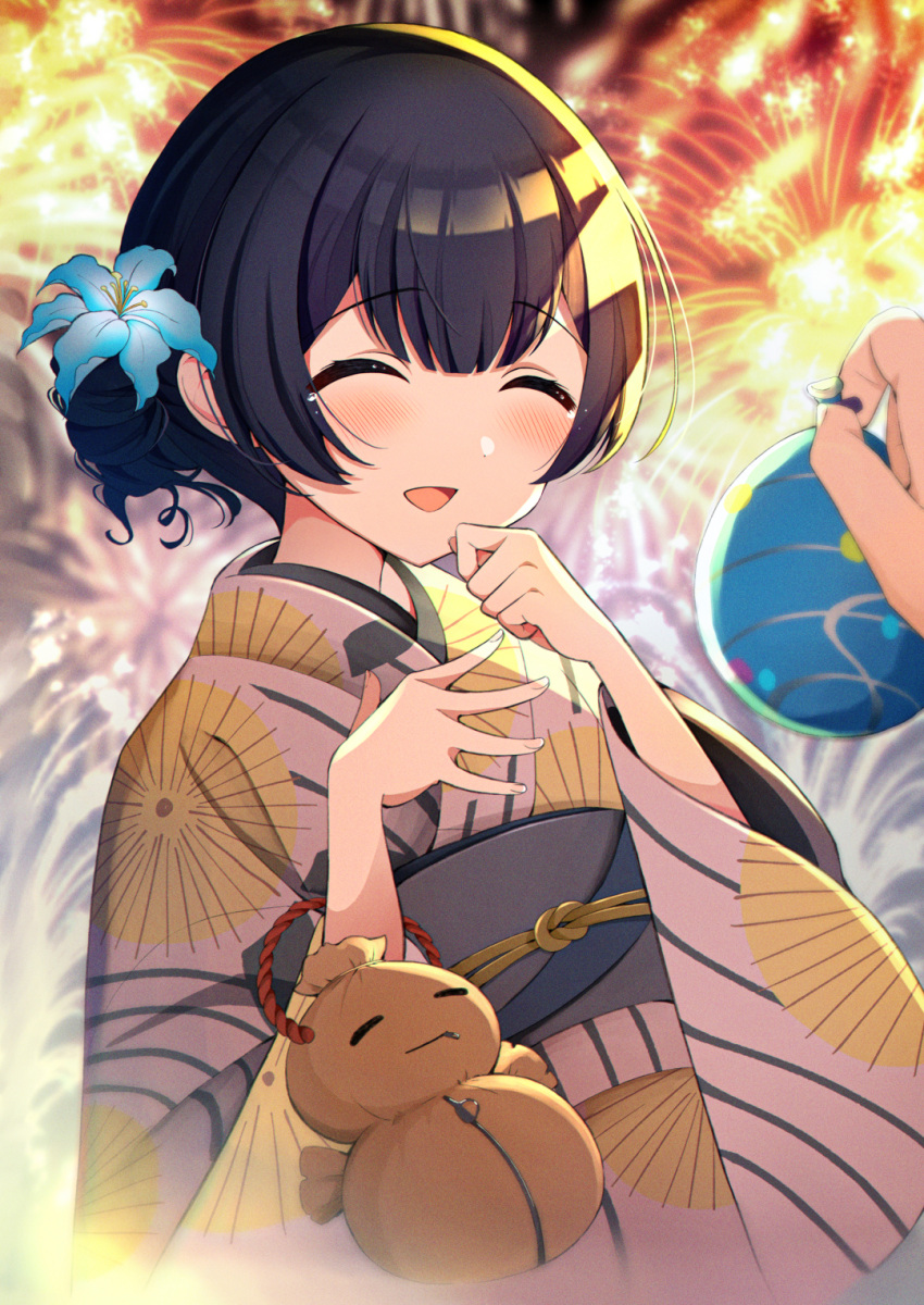 1girl 1other ^_^ aerial_fireworks black_hair blue_flower blue_hair blush closed_eyes dot_nose fireworks flower hair_between_eyes hair_bun hair_flower hair_ornament hands_up happy_tears highres idolmaster idolmaster_shiny_colors japanese_clothes kimono long_sleeves morino_rinze night night_sky obi obiage obijime open_hand open_mouth outdoors pov sash short_hair sky smile straw_doll tears umeume_(totoya) upper_body water_balloon white_kimono wide_sleeves yukata zipper zipper_pull_tab