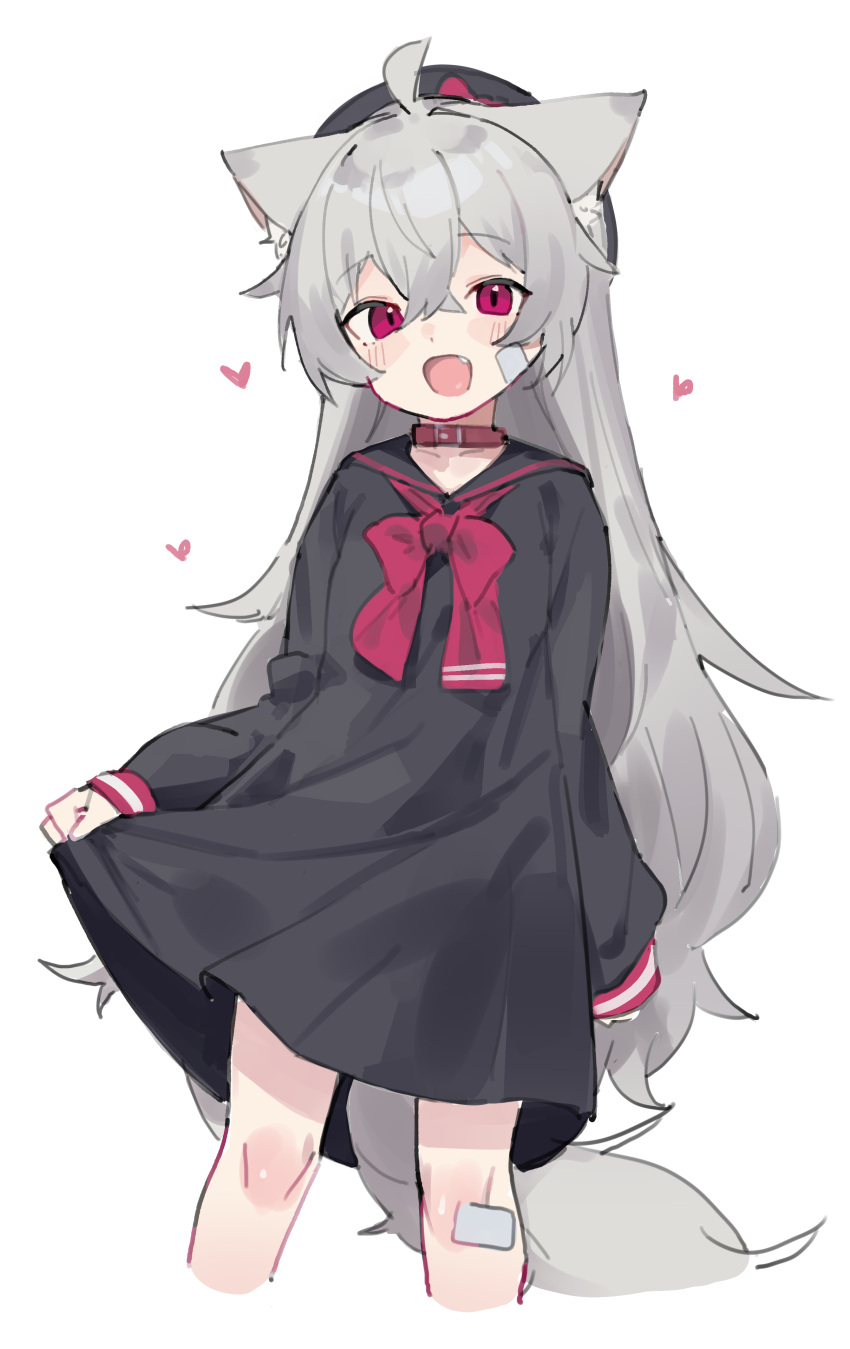 1girl :d absurdres animal_collar animal_ears bandaid bandaid_on_cheek bandaid_on_face black_dress collar dress fang fenrir_(fenriluuu) grey_hair hat highres long_hair long_sleeves looking_at_viewer original red_eyes rir-chan sailor_dress simple_background skirt_hold smile tail very_long_hair w white_background wolf_ears wolf_girl wolf_tail