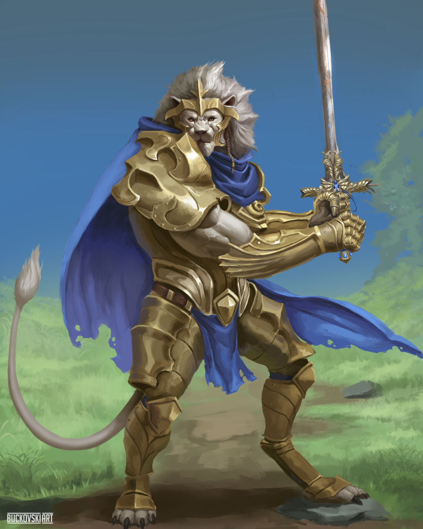 absurd_res anthro armor blue_clothing buckovskiart cape clothing diomedes dnd5e dungeons_and_dragons fantasy felid feline field fur gold_(metal) hair hasbro hi_res lion male male/male mammal melee_weapon muscle_tone muscular orange_eyes outside pantherine solo stormlord sword the weapon white_body white_fur white_hair wizards_of_the_coast