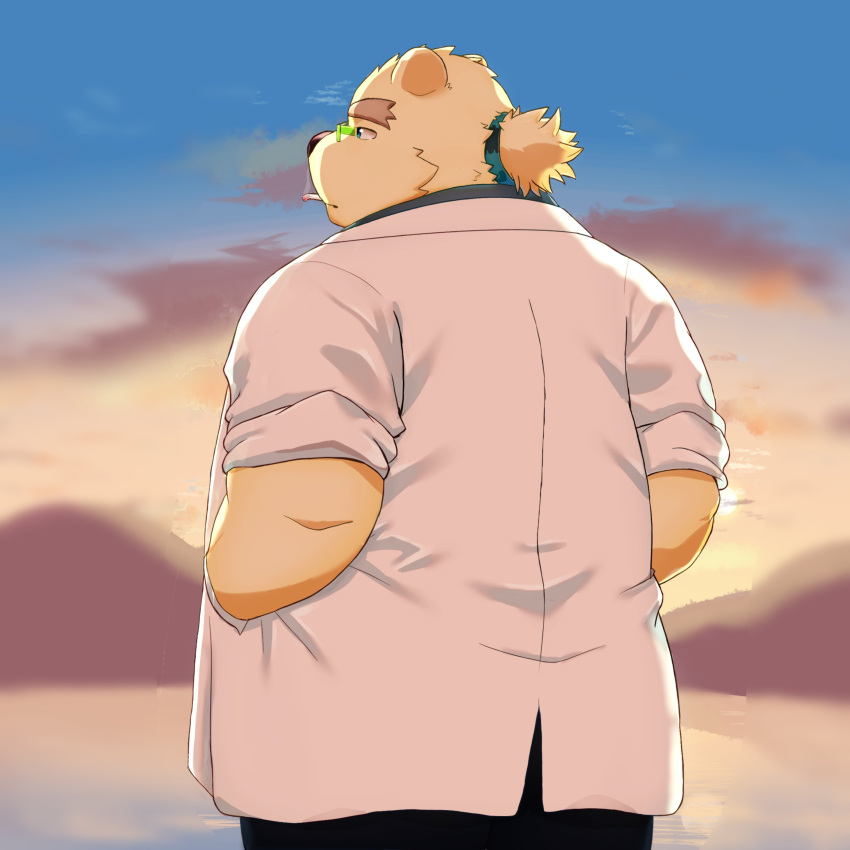 absurd_res anthro bear cigarette clothing coat eyebrows eyewear fur glasses hair hi_res lab_coat leib_(tas) lifewonders male mammal overweight polar_bear ponytail rear_view ruoain smoking solo sunset thick_eyebrows tokyo_afterschool_summoners topwear ursine white_body white_fur