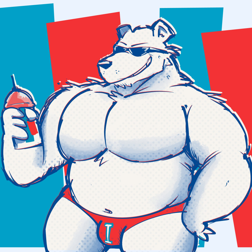 2023 abstract_background anthro bear belly beverage big_pecs bulge clothing container cup eyewear fur geometric_background grin hi_res holding_beverage holding_object icee icee_bear(the_icee_company) janjauwu male mammal musclegut muscular muscular_male navel pecs polar_bear simple_background slightly_chubby smile solo sunglasses underwear ursine white_body white_fur