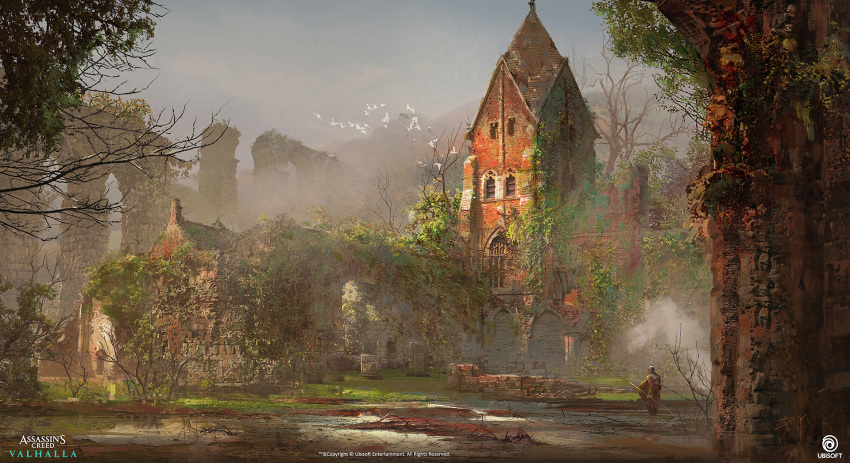 1boy assassin's_creed:_valhalla bird building company_name concept_art copyright_name donglu english_text european_architecture grass highres outdoors ruins tree watermark