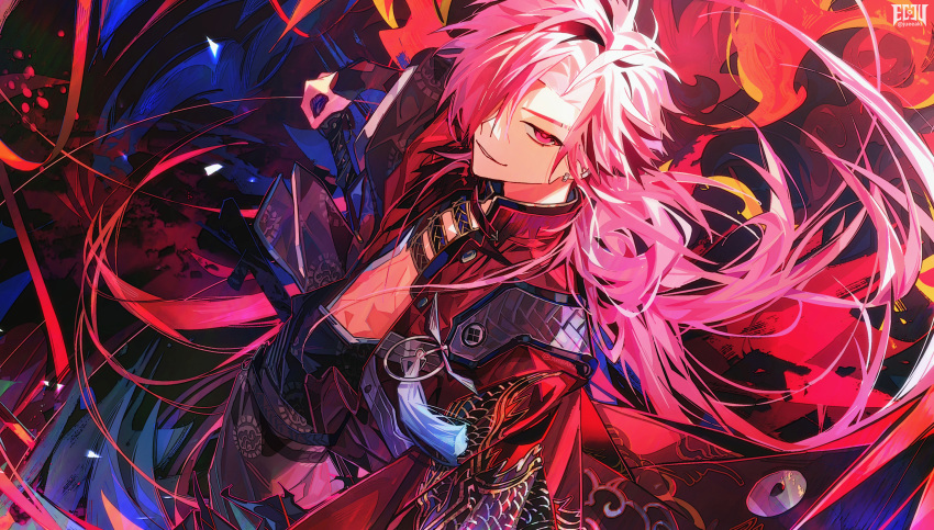 1boy absurdres black_hair dragon_print earrings eeju eyebrow_cut fate/grand_order fate_(series) from_above hair_over_one_eye highres instrument jacket japanese_clothes jewelry long_hair long_sleeves looking_at_viewer male_focus multicolored_hair nagatekkou pectoral_cleavage pectorals red_eyes red_hair red_jacket shamisen smile solo streaked_hair takasugi_shinsaku_(fate) white_hair