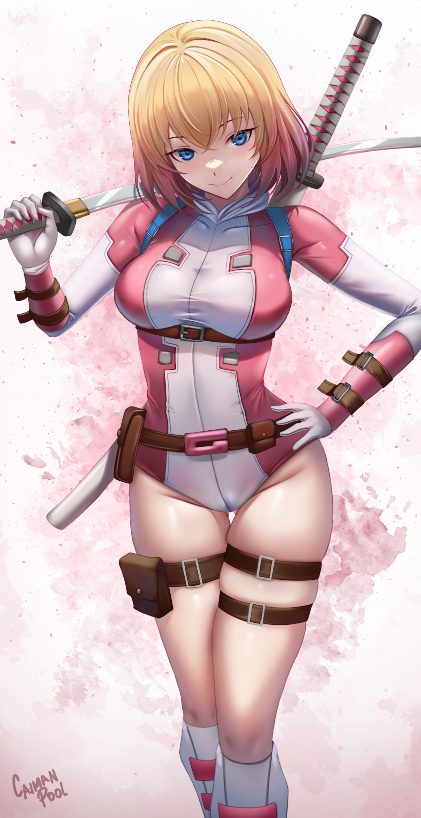 1girl absurdres blonde_hair blue_eyes breasts caiman_pool dot_nose gwenpool highres holding holding_sword holding_weapon katana leotard marvel medium_breasts multicolored_hair multicolored_leotard pink_hair pink_leotard pouch shin_guards smile streaked_hair superhero sword thigh_gap weapon wrist_guards wrist_straps