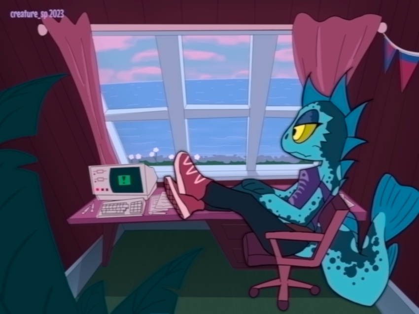 anthro bottomwear chair clothing cloud computer computer_keyboard creature_sp curtains desk female fin fish fish_tail flower footwear furniture hi_res inside leaning leaning_back legs_on_furniture legs_up looking_out_window looking_outside marine office_chair pants plant shirt shoes side_view sitting solo table toony topwear water wave window
