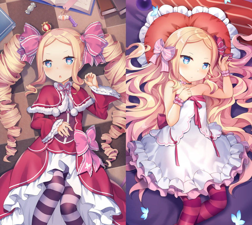 1girl :&lt; bare_shoulders beatrice_(re:zero) blonde_hair blue_eyes blush book bow butterfly-shaped_pupils candy_wrapper capelet checkered_floor chestnut_mouth closed_mouth collarbone commentary_request craytm crown dakimakura_(medium) dress drill_hair forehead frilled_dress frilled_pillow frills fur-trimmed_capelet fur_trim hair_bow heart heart_pillow long_hair long_sleeves mini_crown multiple_views on_floor open_book pantyhose parted_bangs parted_lips pillow pink_bow re:zero_kara_hajimeru_isekai_seikatsu red_capelet red_dress sleeves_past_wrists strapless strapless_dress striped striped_bow striped_pantyhose twin_drills twintails very_long_hair white_dress wide_sleeves wrist_cuffs