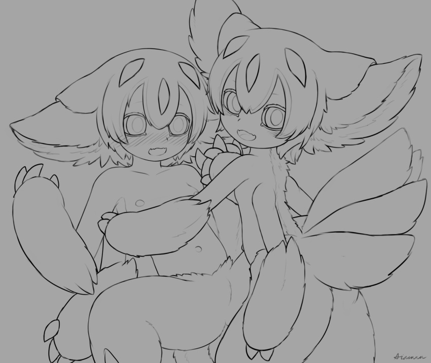 2023 4_arms aiasuru anthro arthropod big_ears blush breasts butt claws cuddling duo embarrassed faputa female female/female fluffy fur hair hand_holding hi_res horn humanoid insect lepidopteran line_art looking_at_another looking_at_viewer looking_back lying made_in_abyss mammal monochrome moth multi_arm multi_limb multi_tail narehate navel nipples nude on_back pushing pushing_down short_hair signature smug tail unfinished
