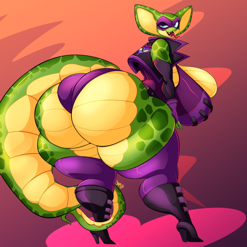 1:1 2023 anthro big_breasts big_butt breasts butt clothing female fingers footwear gloves green_body green_scales handwear hi_res high_heels hosemistress huge_breasts huge_butt jacket jaeh open_mouth reptile scales scalie snake snake_hood solo standing thick_thighs topwear yellow_body yellow_scales