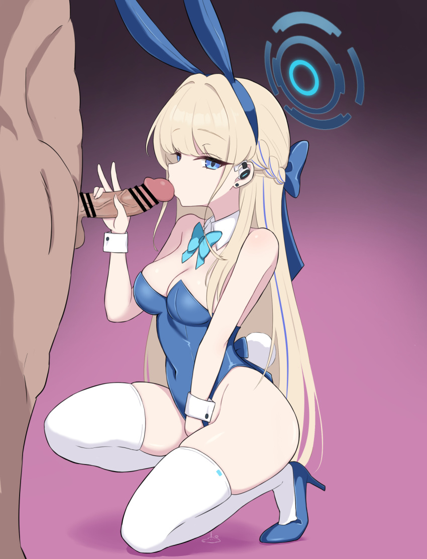 1boy 1girl animal_ears bar_censor bare_shoulders blonde_hair blue_archive blue_bow blue_eyes blue_hairband blue_leotard bow bowtie braid breasts censored clothed_female_nude_male detached_collar earpiece fake_animal_ears faruko fellatio full_body hairband halo hetero high_heels highleg highleg_leotard highres kissing_penis leotard long_hair nude official_alternate_costume official_alternate_hairstyle oral penis playboy_bunny pussy_juice pussy_juice_drip_through_clothes pussy_juice_puddle rabbit_ears squatting testicles textless_version thighhighs thighs toki_(blue_archive) toki_(bunny)_(blue_archive) v very_long_hair white_thighhighs wrist_cuffs