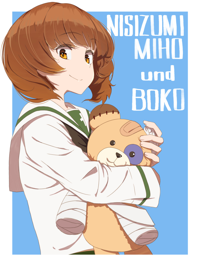 1girl absurdres bandages bandaid black_neckerchief blouse blue_background boko_(girls_und_panzer) brown_eyes brown_hair commentary english_text from_side german_text girls_und_panzer highres holding holding_stuffed_toy long_sleeves looking_at_viewer mixed-language_text neckerchief nishizumi_miho ooarai_school_uniform oritako sailor_collar school_uniform serafuku shirt short_hair simple_background smile solo stuffed_animal stuffed_toy teddy_bear upper_body white_sailor_collar white_shirt