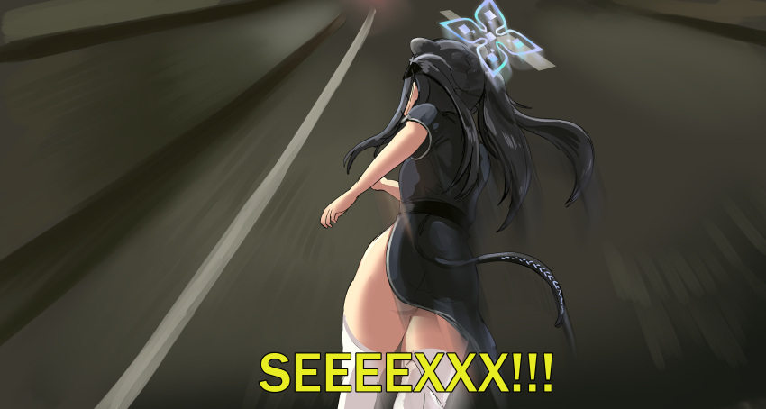 1girl absurdres animal_ears ass black_hair blue_archive chinese_clothes commentary english_commentary english_text extra_ears facing_away from_behind from_below hair_ornament hair_ribbon halo highres long_hair long_sleeves meme pelvic_curtain ribbon running seggs_(meme) shouting shun_(blue_archive) shun_(small)_(blue_archive) simple_background sketch solo soruex subtitled tail tail_through_clothes thighhighs tiger_ears tiger_girl twintails white_thighhighs