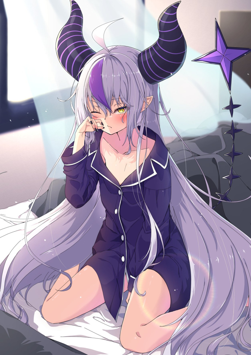 1girl ahoge alternate_costume black_horns braid braided_bangs collarbone commentary grey_hair hand_on_own_face highres hololive horns la+_darknesss long_hair messy_hair multicolored_hair nail namikawa_kuroha one_eye_closed pajamas pointy_ears purple_hair purple_pajamas sitting streaked_hair striped_horns twintails virtual_youtuber wariza