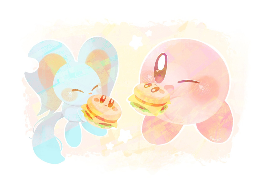 ;d ^_^ blush blush_stickers burger cheese closed_eyes commentary_request elfilin food heart heart_in_eye highres holding holding_food kirby kirby_(series) kirby_and_the_forgotten_land lettuce no_humans notched_ear one_eye_closed open_mouth simple_background smile star_(symbol) stern_(stern_dream) symbol_in_eye tomato tomato_slice white_background yellow_background