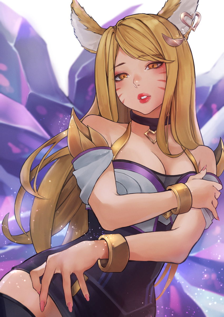 1girl absurdres ahri_(league_of_legends) animal_ears animification black_choker black_shorts black_thighhighs blonde_hair blush bracelet brown_eyes choker crystal detached_sleeves fox_ears head_tilt high-waist_shorts highres holding_own_arm j-u-n06 jewelry k/da_(league_of_legends) k/da_ahri league_of_legends long_hair multiple_tails parted_lips pink_nails red_lips short_sleeves shorts solo tail thighhighs very_long_hair