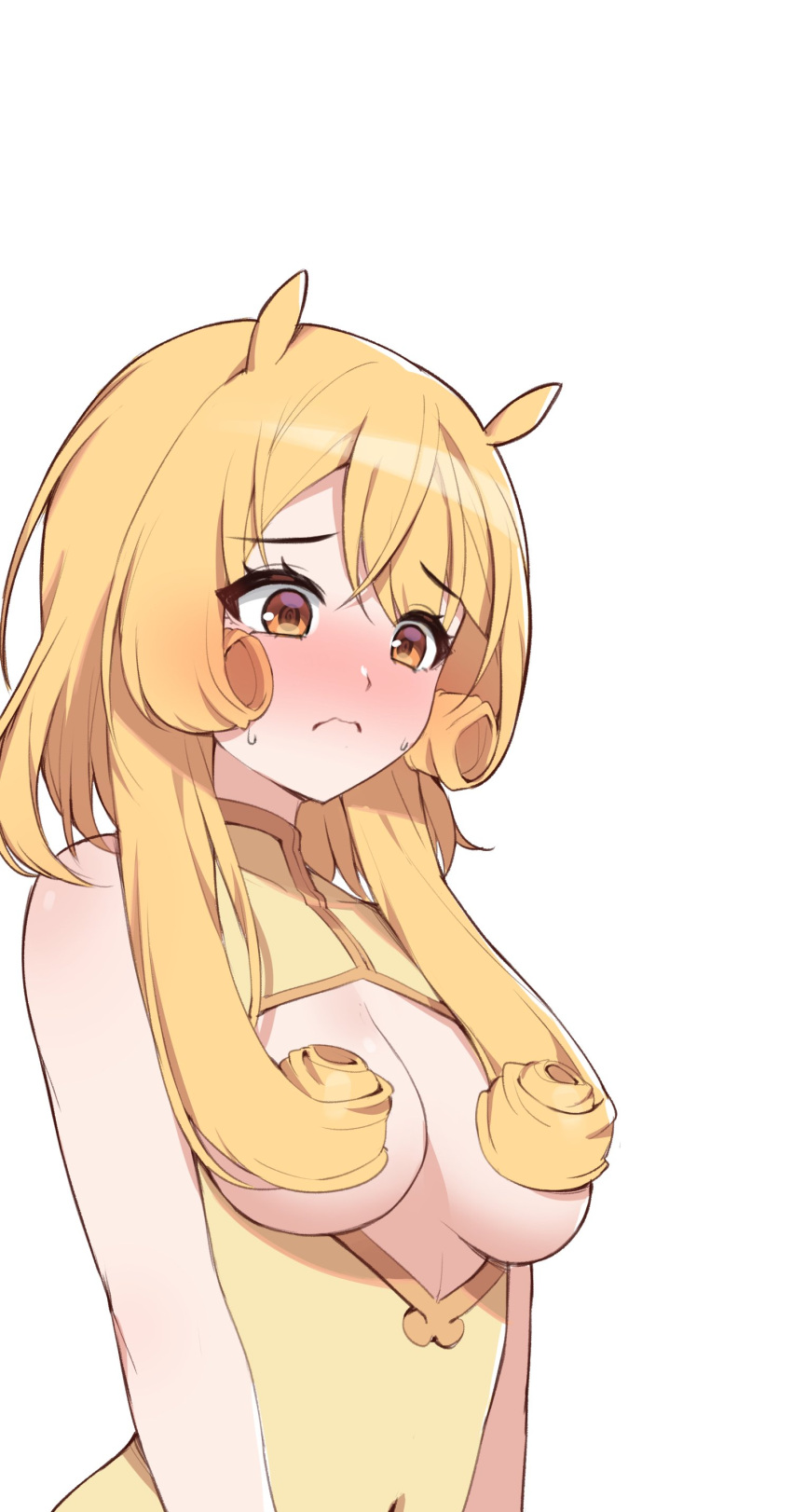 1girl @_@ absurdres animal_ears blonde_hair blush breasts china_dress chinese_clothes chung_(ugwa) closed_mouth dress hair_between_breasts hair_over_breasts highres long_hair medium_breasts original solo ugwa yellow_dress yellow_eyes