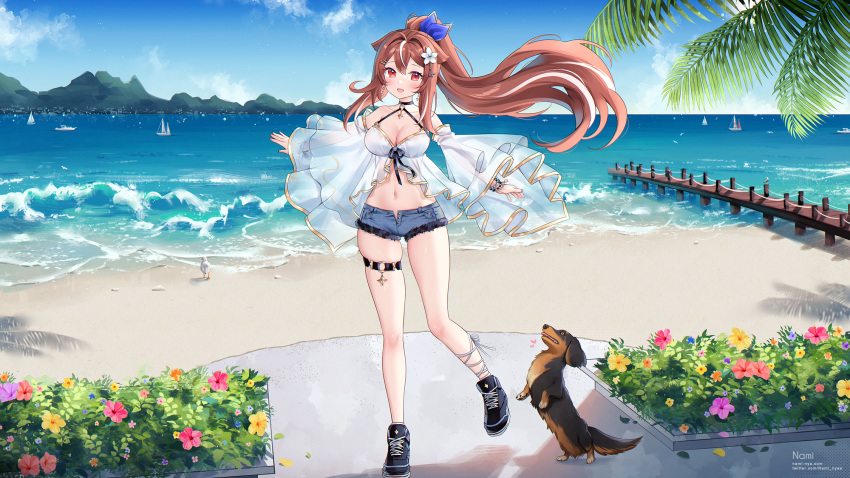 1girl animal bare_legs bare_shoulders beach bead_bracelet beads black_choker black_footwear blue_shorts bracelet breasts brown_hair center_opening choker cleavage commission day denim denim_shorts detached_sleeves dog floating_hair flower fur_trim gold_trim hair_flower hair_ornament halterneck highres indie_virtual_youtuber jewelry large_breasts lilya_kyomi_(fiwivt) long_hair long_sleeves looking_at_viewer micro_shorts midriff multicolored_hair nami_(nyaa) navel ocean open_fly open_mouth outdoors ponytail red_eyes see-through see-through_sleeves shirt shoes shorts skindentation sleeveless sleeveless_shirt smile solo stomach streaked_hair thigh_strap thighs very_long_hair virtual_youtuber white_shirt wide_sleeves