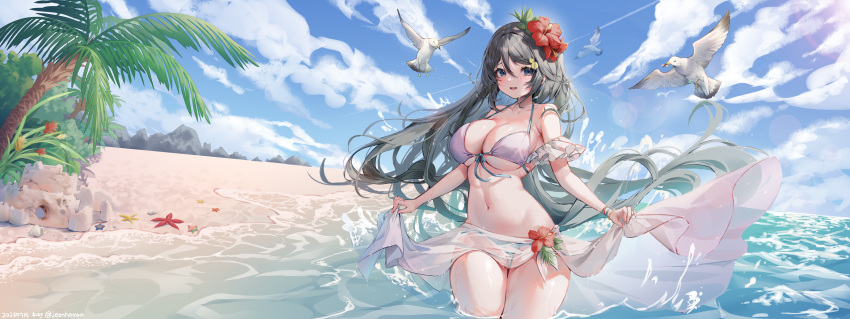 1girl bare_arms bare_shoulders beach bikini bird blue_eyes breasts cleavage cloud commission day flower front-tie_bikini_top front-tie_top grey_hair hair_flower hair_ornament halterneck hibiscus highres large_breasts long_hair looking_at_viewer navel ocean open_mouth original outdoors palm_tree sand_castle sand_sculpture sarong seagull second-party_source shiro_albino skindentation smile solo standing stomach strap_gap string_bikini swimsuit thighs tree very_long_hair wading water wet white_bikini wide_shot