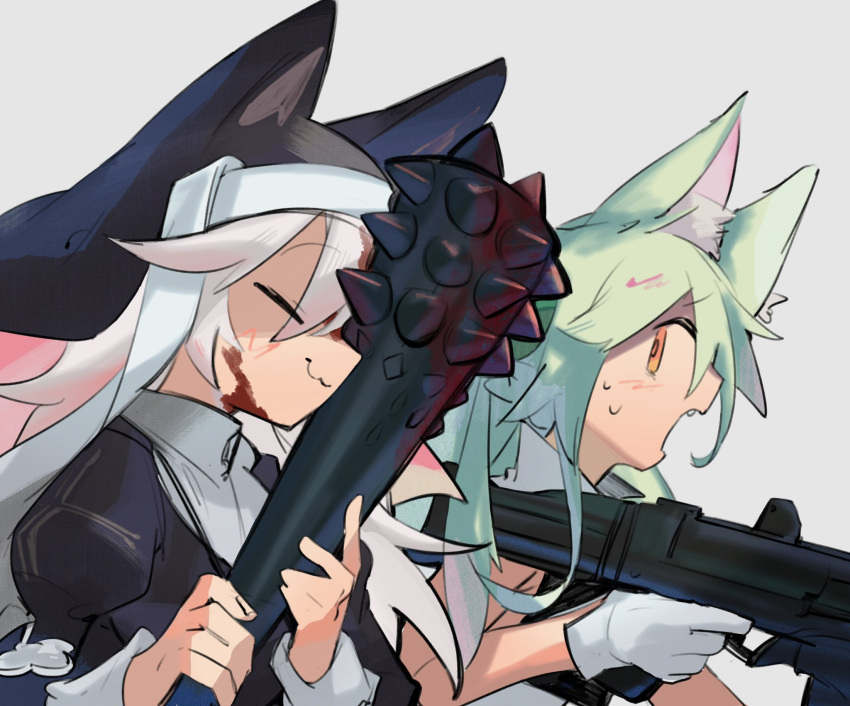 2girls :3 animal_ear_headwear animal_ears art556_(girls'_frontline) assault_rifle black_dress blood blood_on_face blood_on_weapon blush chesed_(uporyz) closed_eyes club_(weapon) commentary_request dress from_side girls'_frontline gloves green_hair grey_background gun highres holding holding_gun holding_weapon juliet_sleeves long_hair long_sleeves multiple_girls nun open_mouth orange_eyes p7_(girls'_frontline) profile puffy_sleeves rifle simple_background spiked_club sweat taurus_art556 upper_body weapon white_gloves