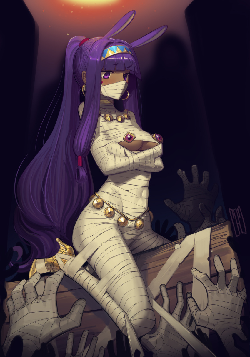 1girl animal_ears bandages bdsm belly_chain blue_hairband blunt_bangs bondage bound breasts cad_(caddo) character_request commentary dark_skin earrings fate/grand_order fate_(series) gagged hairband high_heels highres hoop_earrings jewelry large_breasts long_hair mummification_(bound) nitocris_(fate) ponytail purple_eyes purple_hair solo_focus thighs underboob very_long_hair