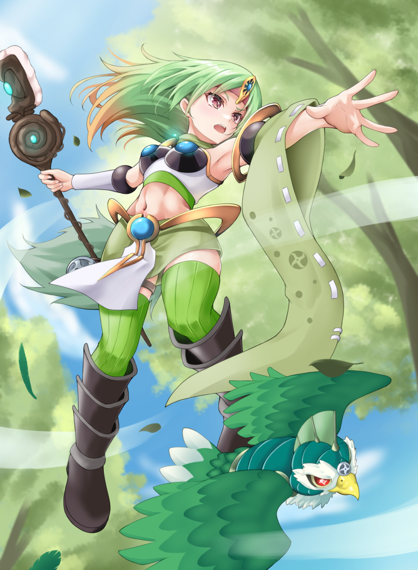 1girl arm_warmers armor armored_boots armpits bare_shoulders bird black_footwear blue_sky boots breastplate breasts cloud colored_tips commentary_request crop_top daigusto_sphreez day detached_sleeves duel_monster falling_leaves floating floating_hair full_body gradient_hair green_hair green_scarf green_skirt green_sleeves green_thighhighs green_tube_top gusto_egul headband highres holding holding_staff leaf long_hair medium_breasts midriff multicolored_hair navel nobea obliques open_mouth orange_hair outstretched_arm pelvic_curtain red_eyes red_headband ribbed_legwear ribbed_thighhighs scarf sidelocks single_arm_warmer single_detached_sleeve skindentation skirt sky staff strapless teeth thigh_pouch thighhighs tree tube_top upper_teeth_only wind yu-gi-oh! zettai_ryouiki