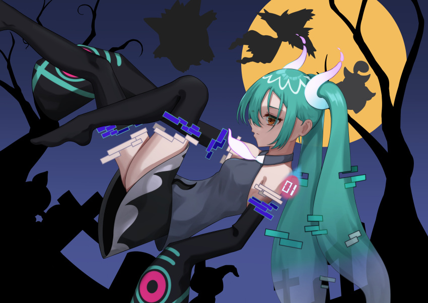 1girl absurdres aqua_hair black_thighhighs detached_sleeves floating from_side gengar ghost ghost_miku_(project_voltage) glitch gradient_hair graveyard grey_shirt hatsune_miku highres kaisenkurage litwick long_hair mimikyu mismagius moon multicolored_hair necktie night pokemon pokemon_(creature) project_voltage pumpkaboo shirt skirt sleeves_past_fingers sleeves_past_wrists thighhighs tombstone tree twintails very_long_hair vocaloid will-o'-the-wisp_(mythology) yellow_eyes