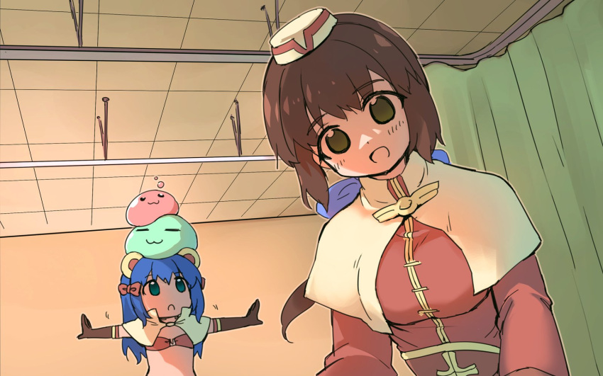 2girls :3 acolyte_(ragnarok_online) animal_ears bikini bikini_top_only biretta blue_bow blue_eyes blue_hair bow breasts brown_bikini brown_gloves brown_hair brown_shirt capelet ceiling commentary_request curtains elbow_gloves emurin flat_chest gloves green_eyes hair_bow highres indoors long_hair long_sleeves low_ponytail mage_(ragnarok_online) medium_bangs medium_breasts meme metal_gear_(series) metal_gear_solid_v:_the_phantom_pain monkey_ears multiple_girls nine_years_in_a_coma_(meme) open_mouth poporing poring ragnarok_online shirt slime_(creature) smile swimsuit t-pose tile_ceiling tiles upper_body white_capelet white_headwear