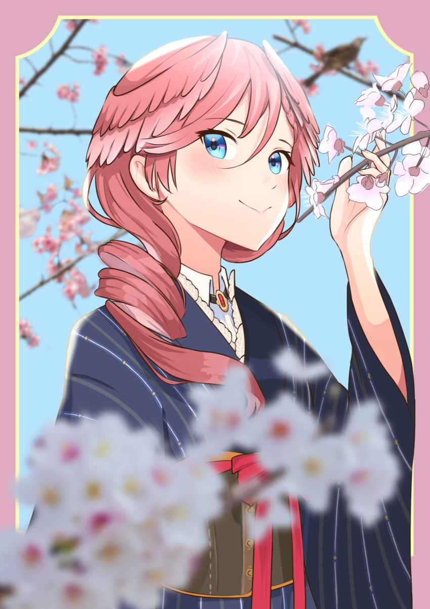 1girl asymmetrical_hair blue_background blue_eyes blue_kimono blurry blurry_background blush border bow cherry_blossoms closed_mouth collared_shirt depth_of_field hair_between_eyes hair_over_shoulder hair_wings hand_up highres holding hololive japanese_clothes kimono long_sleeves looking_at_viewer obi official_alternate_costume outdoors pink_border pink_hair red_bow red_ribbon ribbon sash shadow shirt smile solo swept_bangs taachika takane_lui upper_body virtual_youtuber wide_sleeves