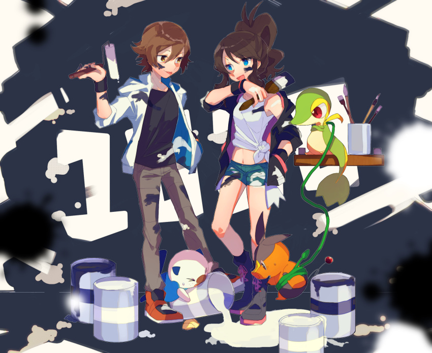 1boy 1girl black_hair black_jacket black_shirt blue_eyes boots brown_eyes brown_hair closed_eyes exposed_pocket full_body highres hilbert_(pokemon) hilda_(pokemon) holding holding_paintbrush jacket looking_at_another navel open_mouth oshawott paint_can paint_roller paint_splatter paint_splatter_on_face paintbrush pokemon pokemon_(creature) pokemon_(game) pokemon_bw red_footwear shirt smile snivy tepig tied_shirt tongue tongue_out toume vine_whip white_jacket white_shirt