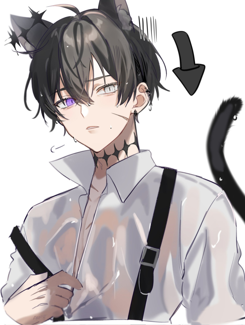 1boy a20190422 animal_ears arrow_(symbol) black_hair cat_boy cat_ears cat_tail collared_shirt copyright_request grey_eyes heterochromia highres male_focus multiple_piercings neck_tattoo purple_eyes shirt short_hair simple_background solo tail tattoo white_background white_shirt