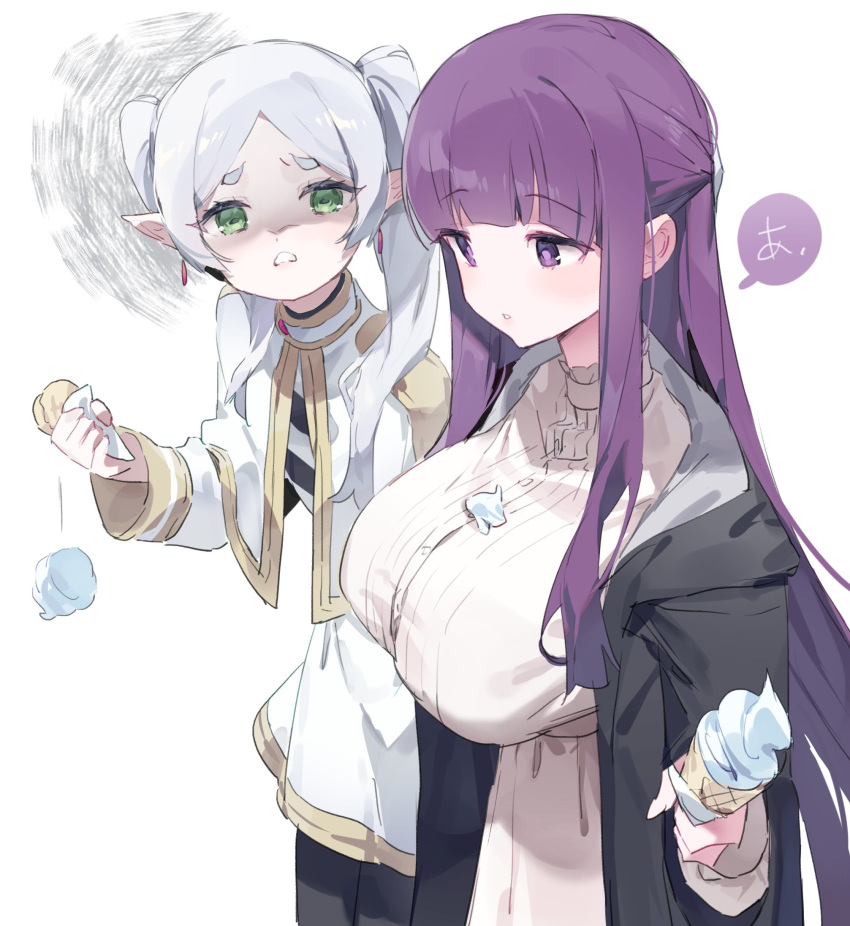 2girls black_pantyhose breast_envy breasts capelet coat dress earrings fern_(sousou_no_frieren) food food_on_body food_on_breasts frieren green_eyes highres holding holding_food huge_breasts ice_cream ice_cream_cone jewelry long_hair long_sleeves meunhongcha multiple_girls pantyhose parted_lips pointy_ears purple_eyes purple_hair scowl shaded_face simple_background sousou_no_frieren very_long_hair white_background white_capelet white_dress