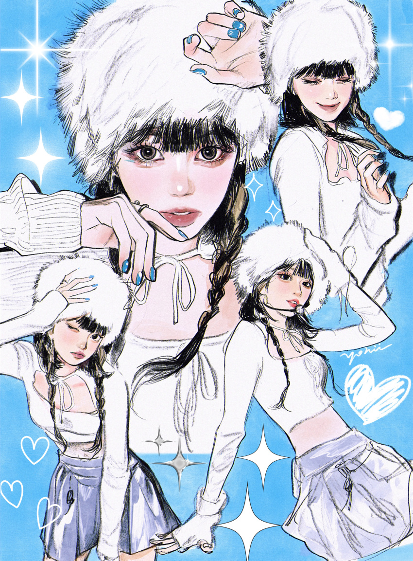 1girl absurdres antifragile_(le_sserafim) black_hair blonde_hair blue_background blue_nails blue_skirt braid breasts collarbone cropped_shirt earpiece fingerless_gloves fur_hat gloves hand_on_own_head hat heart highres k-pop kim_chae-won le_sserafim long_hair long_sleeves looking_at_viewer medium_breasts multicolored_hair multiple_views nail_polish one_eye_closed papakha parted_lips pleated_skirt real_life signature skirt sleeves_past_wrists smile sparkle streaked_hair twin_braids white_gloves white_headwear yohii863