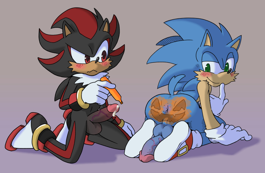 absurd_res anthro anus balls blush bodily_fluids bodypaint butt duo genital_fluids genitals halloween hi_res holidays male male/male penis precum sega shadow_the_hedgehog sonic_the_hedgehog sonic_the_hedgehog_(series) sonicinmind vein veiny_penis