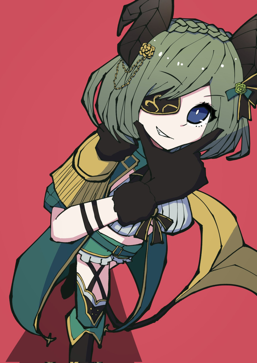 1girl belt black_bow black_gloves black_outline blue_eyes bow braid breasts bright_pupils brown_horns coat commentary crown_braid curled_horns demon_girl demon_horns demon_tail doronuma dutch_angle epaulettes eyepatch flower frilled_shorts frills from_above full_body gloves green_belt green_coat green_flower green_hair green_shorts green_thighhighs grin hair_bow hair_flower hair_ornament hand_on_own_chin highres horns looking_at_viewer medium_bangs medium_breasts nanashi_inc. open_clothes open_coat outline puffy_short_sleeves puffy_sleeves red_bag sekishiro_mico shirt short_hair short_sleeves shorts simple_background smile solo tail thighhighs virtual_youtuber walking white_pupils white_shirt yellow_flower