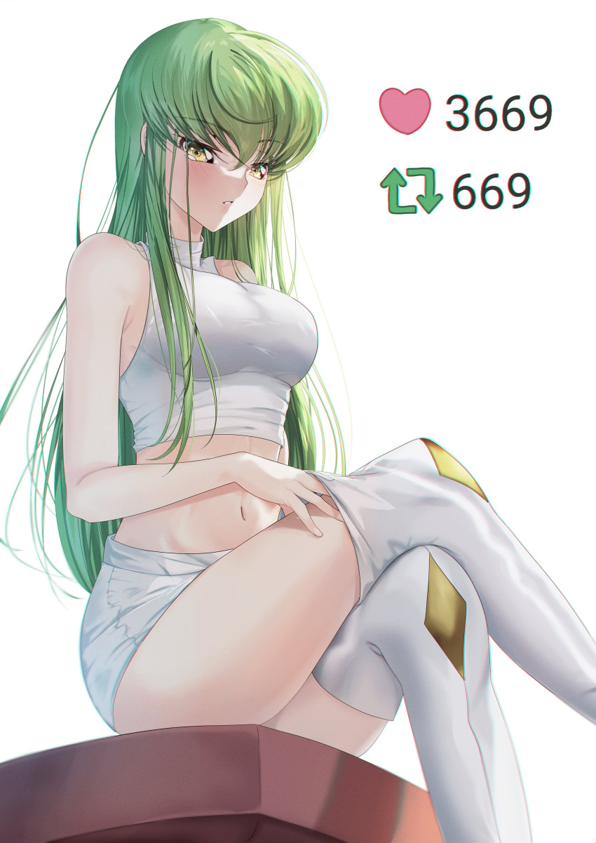 1girl absurdres bare_arms blush breasts budgiepon c.c. code_geass commentary crop_top crossed_bangs crossed_legs curvy english_commentary eyes_visible_through_hair feet_out_of_frame from_side green_hair hair_between_eyes heart highres lips long_hair looking_at_viewer medium_breasts meme navel parted_lips shirt shorts shy sidelocks simple_background sitting solo stomach straight_hair thighhighs thighs twitter_strip_game_(meme) undressing very_long_hair white_background white_shirt white_shorts white_thighhighs yellow_eyes