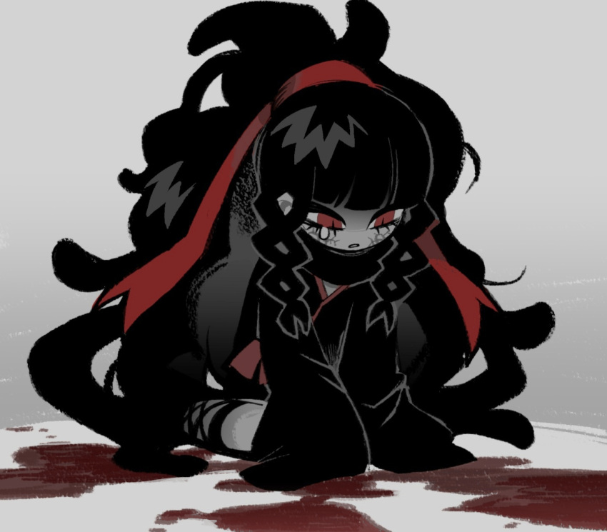 1girl azami_(kagerou_project) black_dress black_footwear black_hair blood_on_ground dress grey_background hair_ribbon high_ponytail highres kagerou_project long_hair parted_lips red_eyes red_ribbon ribbon scales shoes simple_background sleeves_past_fingers sleeves_past_wrists snake_hair solo tears tonkatsu184 very_long_hair