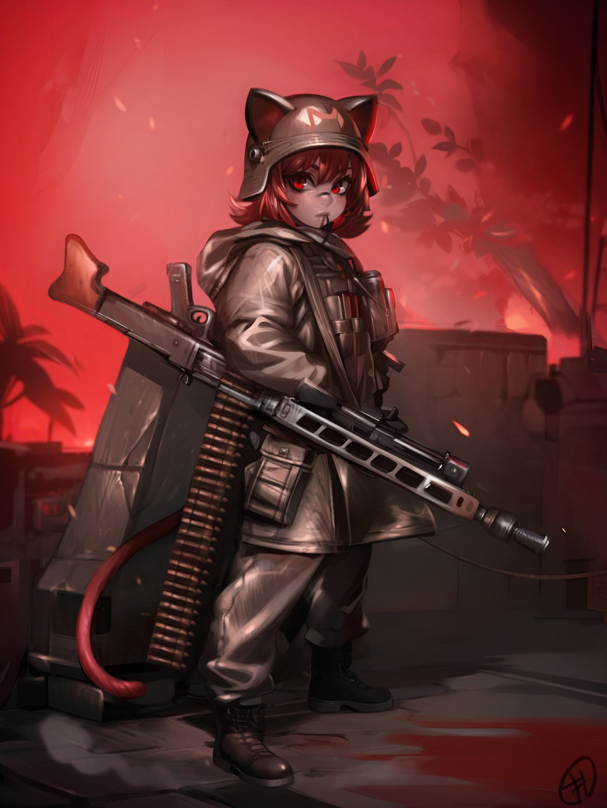 1girl absurdres ammunition ammunition_belt animal_ears barrel_shroud bipod boots brown_coat brown_headwear brown_pants building bullet cat_ears cat_girl coat combat_helmet ears_through_headwear facial_tattoo filemonte full_body general-purpose_machine_gun gun helmet highres hood long_sleeves machine_gun mg3 original outdoors pants pouch red_background red_eyes red_hair red_sky rifle_cartridge sky solo sparks standing tattoo tree wall weapon