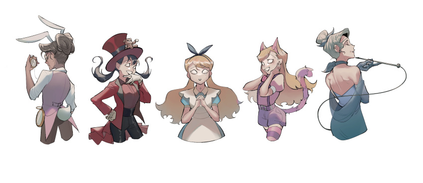 5girls :o abigail_(don't_starve) alice_(alice_in_wonderland) alice_(alice_in_wonderland)_(cosplay) alice_in_wonderland alternate_costume animal_ears apron bare_back bare_shoulders belt bernie_(don't_starve) black_hair black_pants blank_eyes blonde_hair blue_dress blue_gloves brown_pants cat_ears cat_girl cat_tail caterpillar_(alice_in_wonderland) caterpillar_(alice_in_wonderland)_(cosplay) cheshire_cat_(alice_in_wonderland) cheshire_cat_(alice_in_wonderland)_(cosplay) closed_eyes collared_shirt cosplay cropped_legs cropped_torso crying don't_starve dress elbow_gloves eyewear_strap glasses gloves grey_hair hair_bun hairband hand_on_own_hip hand_up hands_on_own_cheeks hands_on_own_face hands_up hat highres holding holding_pocket_watch holding_smoking_pipe humanization jacket jenny25424633 kemonomimi_mode laughing long_sleeves looking_at_viewer low_twintails mad_hatter_(alice_in_wonderland) mad_hatter_(alice_in_wonderland)_(cosplay) maid_apron multiple_girls old old_woman on_head open_mouth own_hands_together pants pink_shirt pink_thighhighs pink_vest pocket_watch praying profile puffy_short_sleeves puffy_sleeves purple_shorts rabbit_ears rabbit_girl rabbit_tail red_headwear red_jacket red_shirt shirt short_sleeves shorts siblings simple_background single_hair_bun sisters smoking_pipe stuffed_animal stuffed_toy suspender_shorts suspenders tail teddy_bear thighhighs top_hat twintails vest wanda_(don't_starve) watch wendy_(don't_starve) white_apron white_background white_gloves white_rabbit_(alice_in_wonderland) white_rabbit_(alice_in_wonderland)_(cosplay) white_shirt wickerbottom_(don't_starve) willow_(don't_starve)