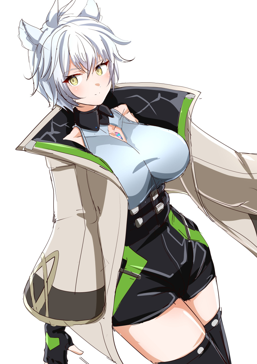 1girl absurdres animal_ears breasts cat_ears cat_girl chest_jewel clothing_cutout coat core_crystal_(xenoblade) crystal diamond_cutout fingerless_gloves gloves high-waist_shorts highres large_breasts looking_at_viewer messy_hair na'el_(xenoblade) romper short_hair short_shorts shorts simple_background solo thighhighs thighs to_(tototo_tk) xenoblade_chronicles_(series) xenoblade_chronicles_3 xenoblade_chronicles_3:_future_redeemed yellow_eyes