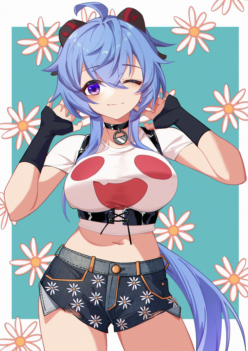 1girl ;) absurdres ahoge alternate_costume bangs black_choker black_gloves black_shorts blue_hair breasts choker commentary_request corset cowboy_shot crop_top fingerless_gloves floral_print ganyu_(genshin_impact) genshin_impact gloves hair_between_eyes hands_up highres horns large_breasts long_hair looking_at_viewer midriff navel one_eye_closed purple_eyes shirt short_shorts short_sleeves shorts smile solo standing stomach suyujiu_u thighs very_long_hair white_shirt