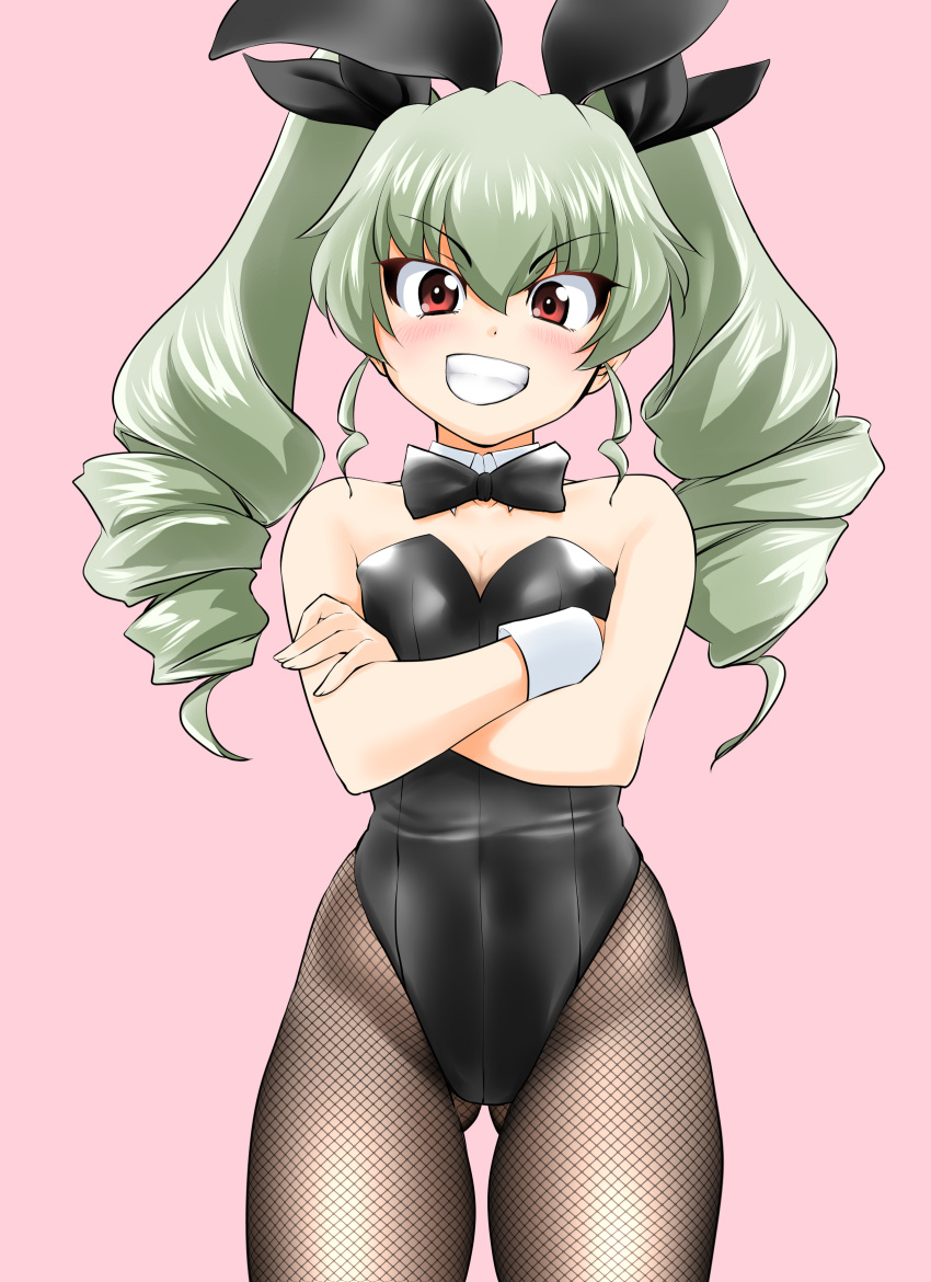1girl absurdres anchovy_(girls_und_panzer) animal_ears ass_visible_through_thighs black_bow black_bowtie black_leotard black_pantyhose bow bowtie breasts brown_eyes cleavage commentary_request cowboy_shot crossed_arms detached_collar drill_hair fishnet_pantyhose fishnets girls_und_panzer green_hair grin highres leotard long_hair looking_at_viewer medium_breasts nanao_futaba pantyhose pink_background playboy_bunny rabbit_ears simple_background smile solo strapless strapless_leotard twin_drills twintails wrist_cuffs