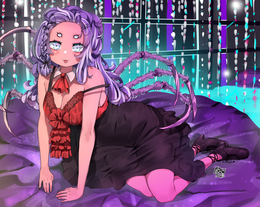 1girl absurdres alternate_costume amiya_aranha arthropod_limbs artist_name ascot bed black_footwear black_skirt blush breasts camisole cleavage commission detached_collar english_commentary extra_eyes firewpood high_heels highres indie_virtual_youtuber leaning_to_the_side long_hair looking_at_viewer on_bed purple_eyes purple_hair red_ascot red_camisole safety_pin second-party_source shirt_tucked_in sitting skirt solo tongue tongue_out virtual_youtuber