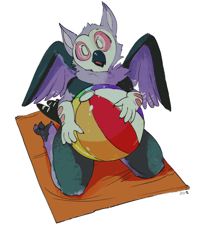 ambiguous_gender anthro avian ball beach_ball beak bedding bird black_beak blanket cheek_tuft facial_tuft feathered_wings feathers front_view green_body head_tuft hi_res holding_ball holding_object inflatable kneeling looking_at_viewer nude open_mouth oselotti owl purple_wings signature simple_background solo tuft white_background wings