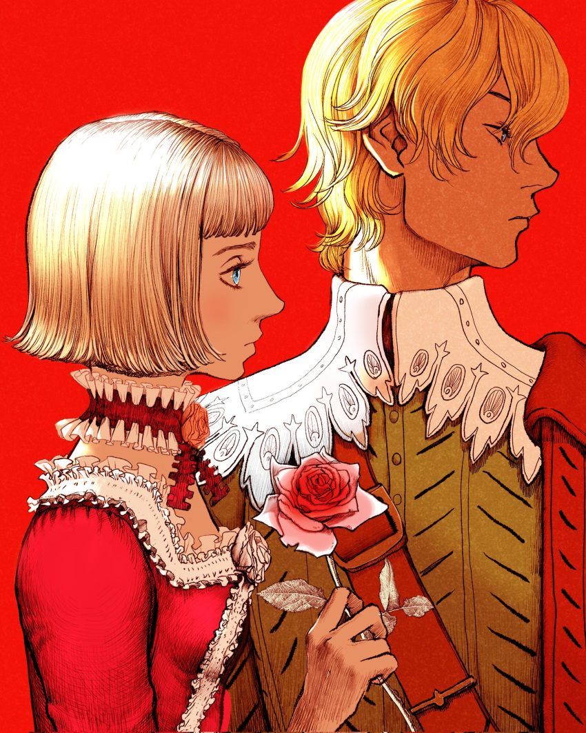 1boy 1girl berserk blonde_hair blue_eyes bob_cut brother_and_sister dress farnese_(berserk) flower highres nisino2222 profile red_dress red_flower red_rose rose serpico_(berserk) short_hair siblings