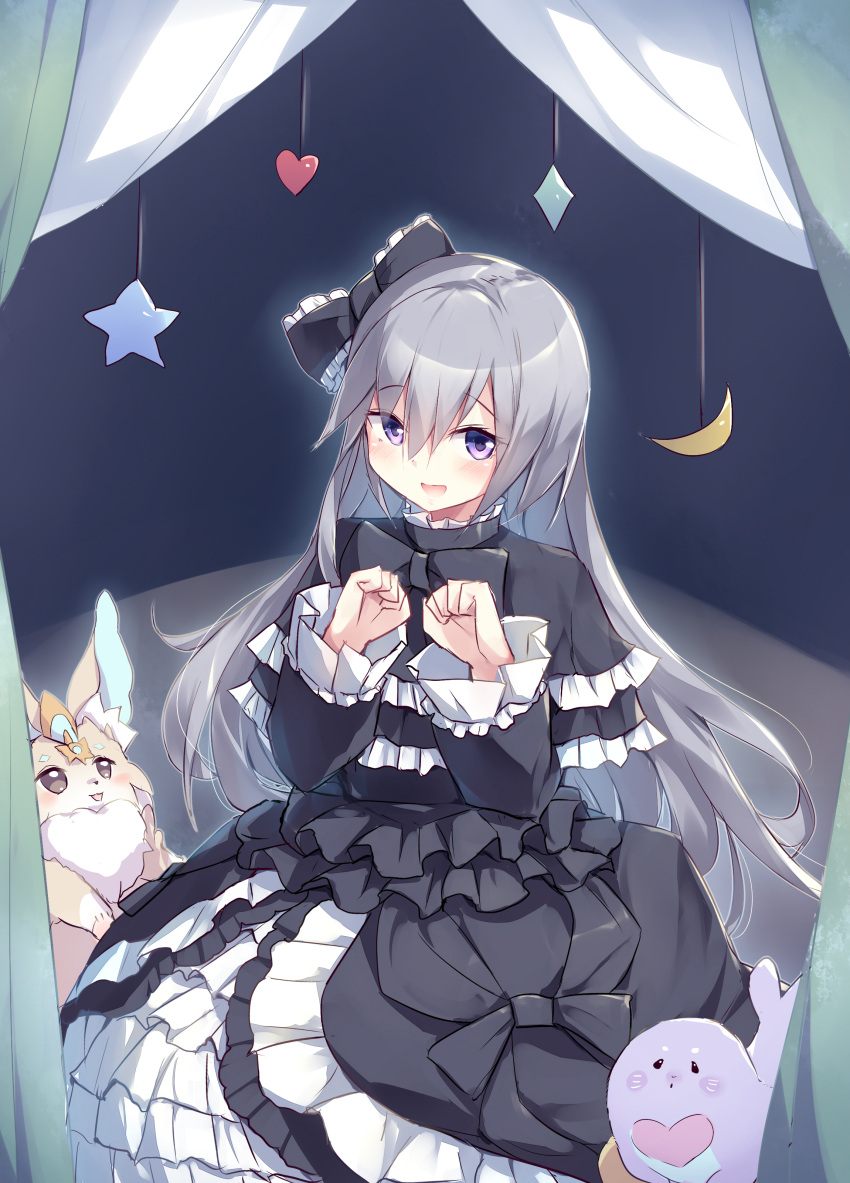 1girl absurdres black_dress blush bow character_request dress duel_monster frilled_bow frilled_dress frills ghost_belle_&amp;_haunted_mansion grey_hair hair_between_eyes hair_bow highres indoors kanzakietc long_hair melffy_pinny purple_eyes purrely solo yu-gi-oh!