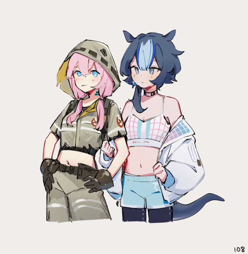 2girls arknights blue_eyes blue_hair blue_poison_(arknights) blue_poison_(arknights)_(cosplay) blue_poison_(shoal_beat)_(arknights) blue_shorts brown_gloves choker cosplay dailybloopy detached_hood english_commentary glaucus_(arknights) glaucus_(arknights)_(cosplay) glaucus_(exterminator_in_the_square)_(arknights) gloves hair_between_eyes highres hood hood_up jacket leggings leggings_under_shorts long_hair low_twintails midriff multicolored_hair multiple_girls navel o-ring o-ring_choker off_shoulder official_alternate_costume open_clothes open_jacket pink_choker pink_hair shorts simple_background slug_girl spaghetti_strap sports_bra streaked_hair twintails white_background white_jacket white_sports_bra