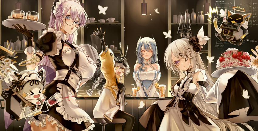 4girls :d :o absurdres aether_gazer apron arm_up bar_(place) bare_shoulders black_dress black_gloves black_pantyhose blue_eyes blue_hair blush braid breasts butterfly_on_face butterfly_over_eye cake cat cleavage_cutout closed_eyes closed_mouth clothing_cutout cowboy_shot cup detached_sleeves dress drinking_glass elbow_gloves feet_out_of_frame flower food frilled_apron frills glasses gloves goggles goggles_on_head grey_hair hair_flower hair_ornament headgear hella_(aether_gazer) highres hodur_(aether_gazer) holding holding_tray indoors jacket large_breasts long_hair looking_at_viewer maid maid_headdress multiple_girls pantyhose poseidon_(aether_gazer) purple_eyes purple_hair round_eyewear single_braid sleeveless sleeveless_dress sleeves_past_fingers sleeves_past_wrists smile strawberry_cake tray upper_body very_long_hair waitress waving white_apron white_dress white_gloves white_hair wide_sleeves xialuo_yingling yellow_eyes yellow_jacket zenkibo_(aether_gazer)