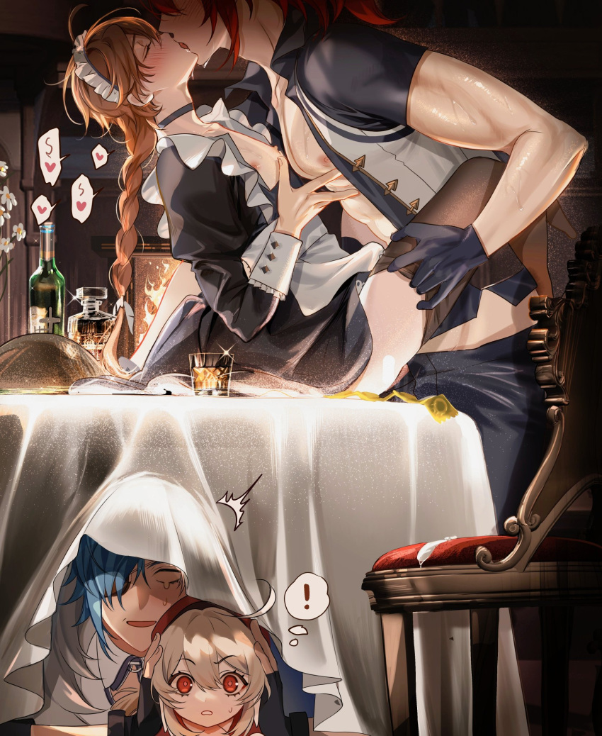 1girl 3boys aether_(genshin_impact) alcohol blonde_hair bottle braid choker condom condom_packet_strip condom_wrapper covering_another's_ears crossdressing diluc_(genshin_impact) french_kiss genshin_impact gloves hair_between_eyes highres kaeya_(genshin_impact) kiss klee_(genshin_impact) long_hair long_sleeves maid multiple_boys nipples open_clothes pantyhose pnk_crow ponytail red_hair short_sleeves sitting sitting_on_table sweat sweatdrop table tablecloth tears under_table whiskey wine_bottle yaoi