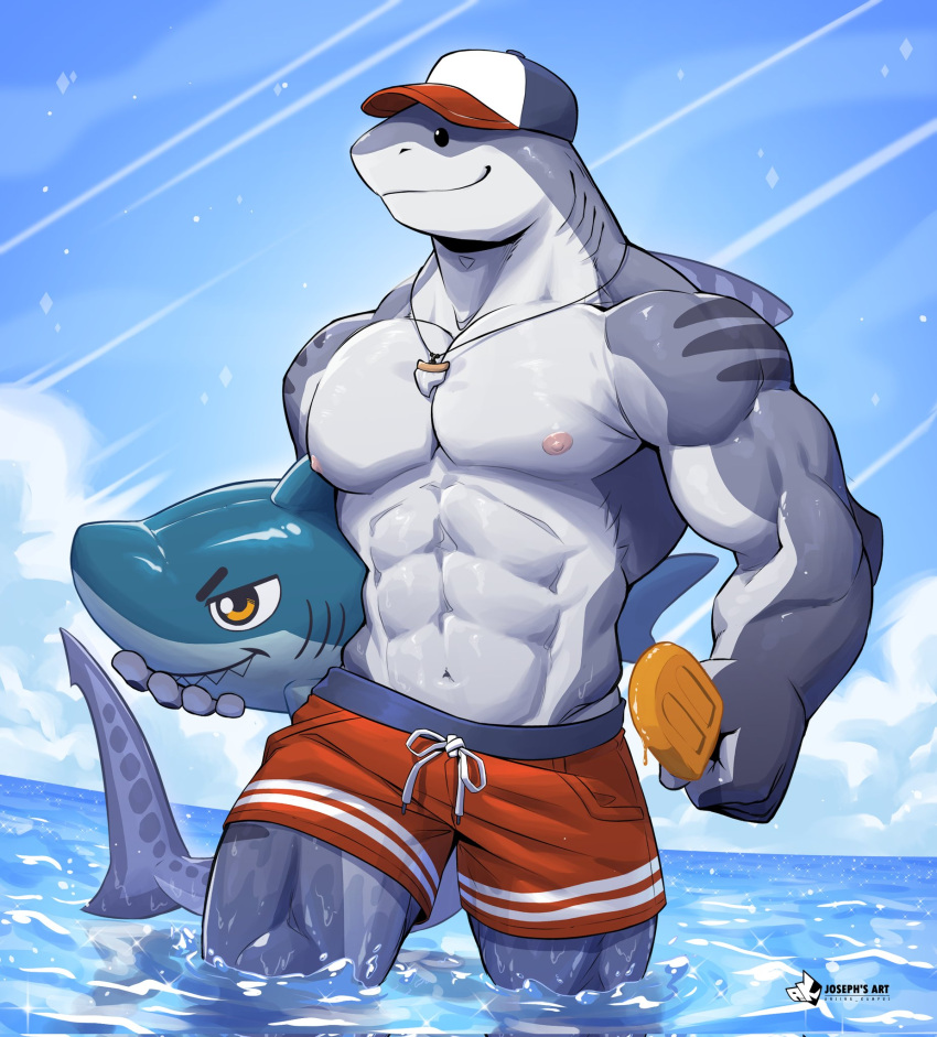 abs anjing_kampuss anthro areola biceps biped brondo_(mondoart) clothed clothing cloud countershade_arms countershade_face countershade_neck countershade_torso countershading fin fish food gills grey_body hat headgear headwear hi_res holding_food holding_object holding_popsicle male marine muscular muscular_anthro muscular_male nipples partially_submerged pecs popsicle shark smile solo swimwear tail tail_fin topless topless_anthro topless_male water